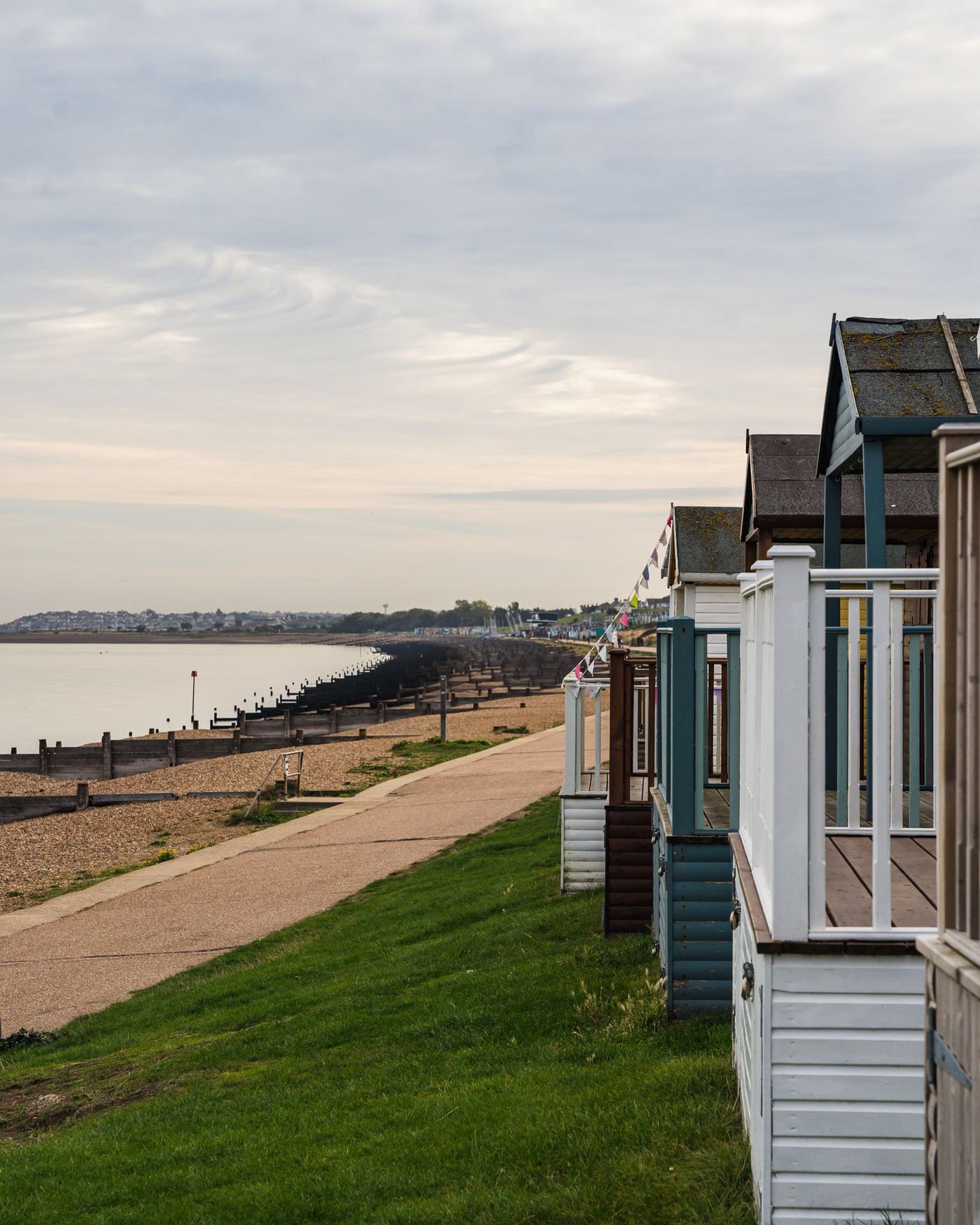 Beach huts and groynes along the Whitstable and Tankerton seafront